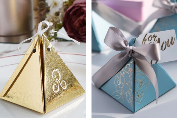 3 Pyramid Boxes with ribbon