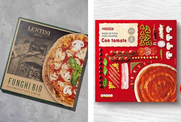 3 printed frozen pizza boxes